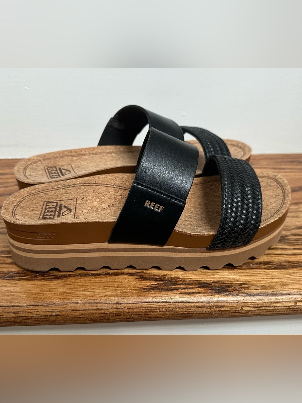 Reef Black Cork-Trim Dual Strap Slide Sandals